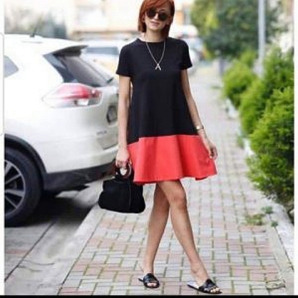 COS navy orange jersey cotton swing colorblock short sleeve cotton dress M - Picture 3 of 10